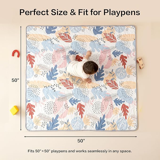 Baby Play Mat 50"x50" Premium Thicker Foam Floor Mat, Bohemian Non-Slip Playpen Mat for Infants & Toddlers, Foldable Machine Washable Crawling Mat
