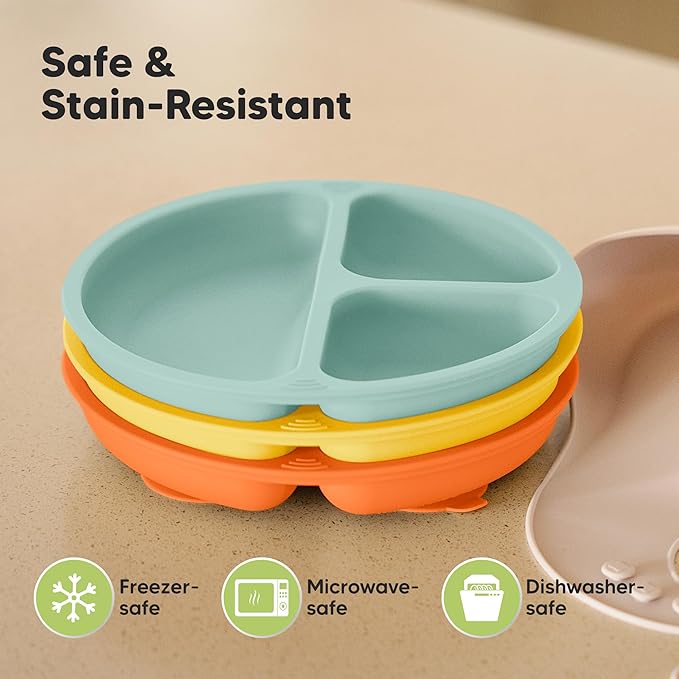 KeaBabies Suction Plates for Baby, Toddler - 3-Pack 100% Silicone Toddler Plates with Suction, Divided, BPA-Free Baby Led Weaning Essentials for Kids, Dishwasher, Microwave Safe, Durable (Amaze)