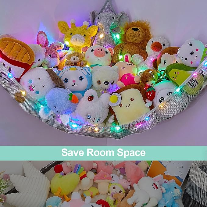 Unicorn Castle Stuffed Animals Net or Hammock Kids Toy Storage Organizer with LED Light Hanging Corner Stuffed Animals Holder Kids Girls Room Decor (Pack of 1)