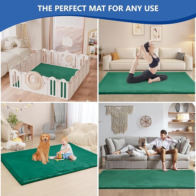 Baby Play Mat for Floor,1.3" Thick Memory foam Tummy Time Mat,Soft Coral Velvet Nursery Rug,Extra Large Non Slip Crawling Mat for Toddlers,Infants,kids,Yoga,Tatami Style for Living Room(Dark Green)