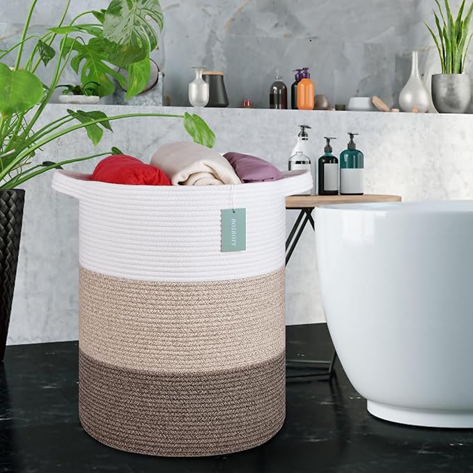 Large Blanket Basket, Nursery Hamper, Tall Laundry Basket 72L, Cotton Rope Woven Laundry Hamper for Storage Toys Clothes Towels, 16”x 22”, White & Gradient Brown