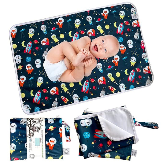 Flockthree Waterproof Baby Changing Pad with Storage Bag (28.7" X 19.7") Washable Wipeable Reusable Leak Proof Diaper Travel Mat Station Changing Mattress Liner Cribs Bed Cover, Aircraft