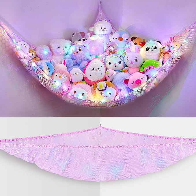 Unicorn Castle Stuffed Animals Net or Hammock Kids Toy Storage Organizer with LED Light Hanging Corner Stuffed Animals Holder Kids Girls Room Decor (Pack of 1)