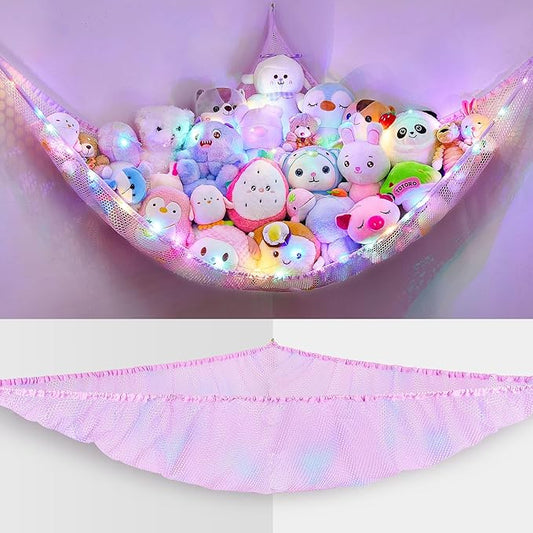 Unicorn Castle Stuffed Animals Net or Hammock Kids Toy Storage Organizer with LED Light Hanging Corner Stuffed Animals Holder Kids Girls Room Decor (Pack of 1)