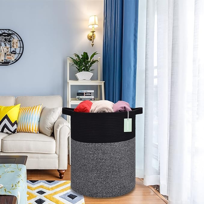 ﻿BOSROTY Large Laundry Hamper for Girls Boys Kids 72L, Nursery Hamper, Tall Laundry Basket, Cotton Rope Woven Blanket Basket for Storage Toys Clothes Towels, 16”x 22”, Black & Gray