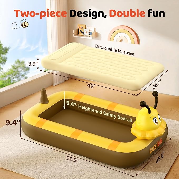 CoziBB Inflatable Toddler Travel Bed, Portable Travel Bed with Flocked Mattress, Built-in Pillow & Carry Bag, 4 Side Safety Bumpers for Toddlers-Cute Bee