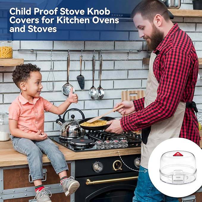 Stove Knob Safety Covers, 5Pcs Universal Size with 5 Heat Alert Stickers Oven Knob Covers for Child Safety, 2nd Gen Kitchen Burner Childproofing, Gas Stove Knob Locks for Kid Baby Pet (Clear)