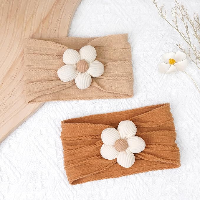 CÉLLOT 3 Pcs Baby Flower Headbands Baby Girls Nylon Headbands Soft Stretchy Headwear Hair Accessories for Newborn Infant Toddler Kids (Beige Ginger Khaki)