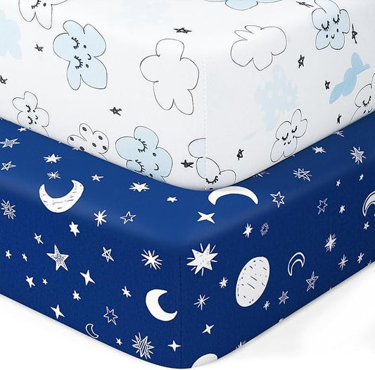 Pack N Play Sheets Fitted, 2-Pack Fit for Standard Pack N Play Mattress, Mini Crib Sheets,Breathable Soft Unisex Playard Sheets (Starry Sky & Clouds)