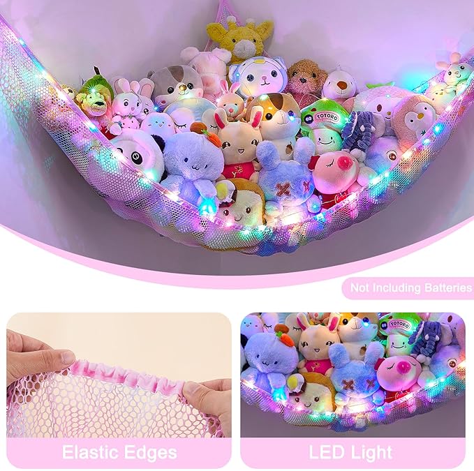 Unicorn Castle Stuffed Animals Net or Hammock Kids Toy Storage Organizer with LED Light Hanging Corner Stuffed Animals Holder Kids Girls Room Decor (Pack of 1)