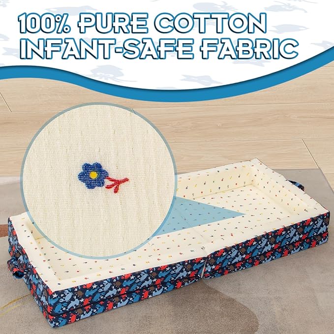 100% Cotton Lining Portable Foldable Toddler Travel Bed - Soft Foam Floor Bed with Washable Cover, Safe and Comfortable Toddler Crib, Ocean Blue