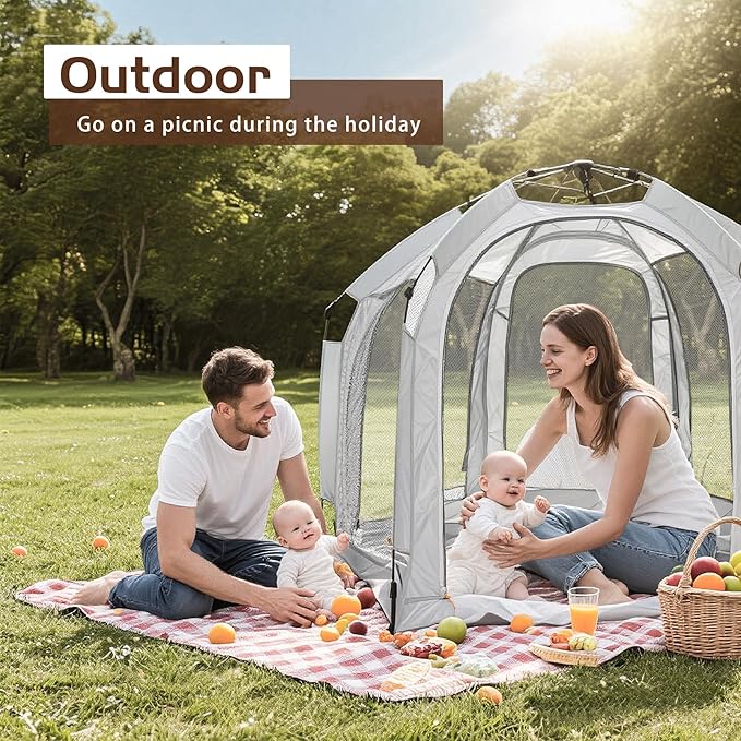 Baby Playpen with Canopy, Portable Baby Beach Tent, Toddler Play Yard Indoor and Outdoor, Foldable Mosquito Net for Infant - Grey