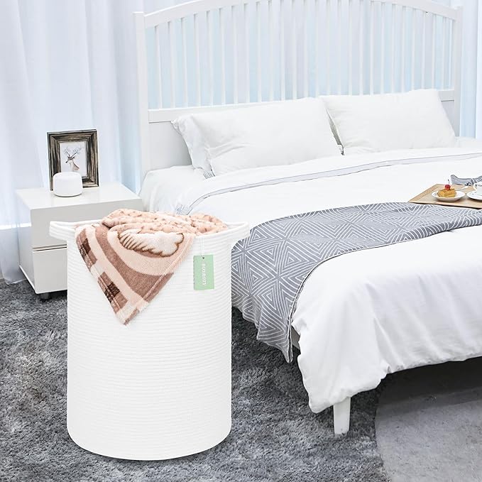 Large Laundry Hamper for Girls Boys Kids 72L, Nursery Hamper, Tall Laundry Basket, Cotton Rope Woven Blanket Basket for Storage Toys Clothes Towels, 16”x 22”, White