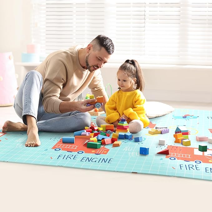Bammax Extra Large Waterproof Foam Padded Baby Play Mat | Reversible & Foldable | 1 cm Thick Safe Baby Foam Play Mat | 70" x 78" | Cars & Fire Engine