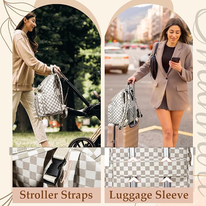 Checkered Diaper Bag Backpack Large Baby Diaper Bag Leather with 17 Diaper Bag Organizing Pouches,Changing Pad,Stroller Straps,4 Insulated Pockets,Beige&Honey