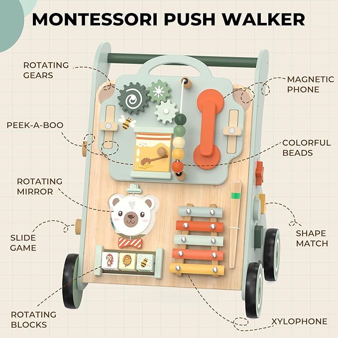 Wooden Baby Walker, Adjustable Speed Baby Push Walker for 1 Year Old, 10-in-1 Montessori Walker for Boys & Girls, Toddler Sit-to-Stand Learning Toy with Detachable Busy Board