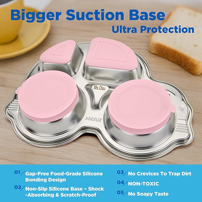 Stainless Steel Baby Suction Plates: Divided Plates Designed for Babies and Toddlers, Made of 100% Food-Grade Materials Ideal for Baby-Led Weaning BPA-Free Toddler Feeding Dishwasher Safe PINK
