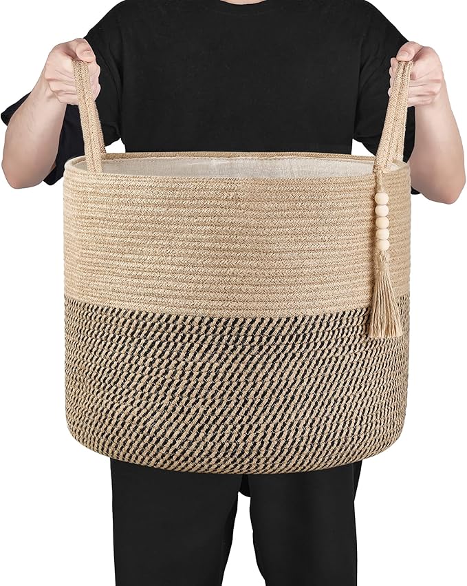 Mkono Woven Storage Basket Decorative Rope Basket Wooden Bead Decoration for Blankets,Toys,Clothes,Shoes,Plant Organizer Bin with Handles Living Room Home Decor, Yellow and Black, 16" W × 13.8"