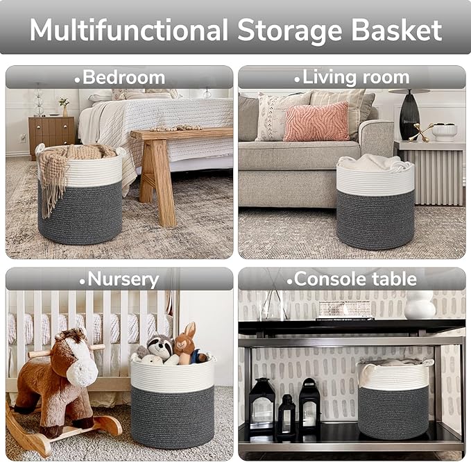 Goodpick Baby Storage Basket, Cotton Rope Laundry Basket for Blankets, Clothes 15 x 14.2 Inches, Nursery Woven Storage Organizing for Toys, Grey
