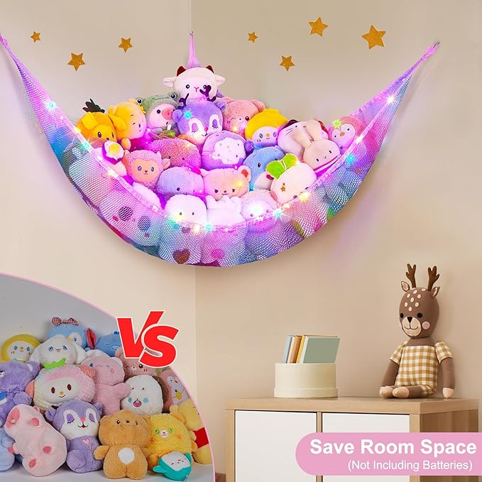 Unicorn Castle Stuffed Animals Net or Hammock Kids Toy Storage Organizer with LED Light Hanging Corner Stuffed Animals Holder Kids Girls Room Decor,Pink-Blue-Purple,Large-Pack of 1