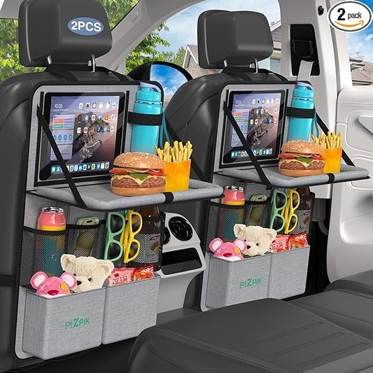 Car Backseat Organizer with Tablet Holder,11 Storage Pockets with Foldable Food Tray, Protector Kick Mats for Kids, Travel Accessories Organizer (Gray, 2Pack)