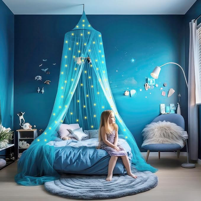 Blue Canopy for Girls Bed with Pre-Glued Glow in The Dark Stars - Princess Mosquito Net Room Decor - Kids & Baby Bedroom Tent with Galaxy Lights - 1 Opening Canopy Bed & Hanging Kit Included