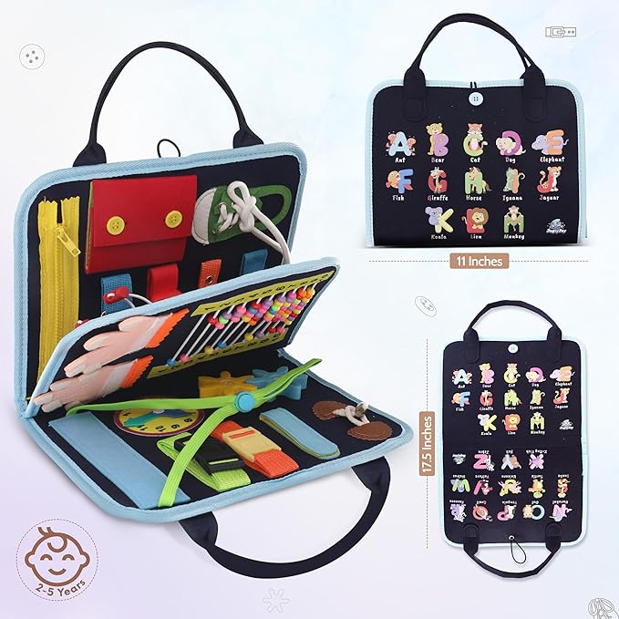 Busy Book for Toddlers - Montessori Busy Board with Sensory Activities for Learning Fine Motor Skills, Travel Toys for Toddlers for Airplane, Car. for Boys and Girls.