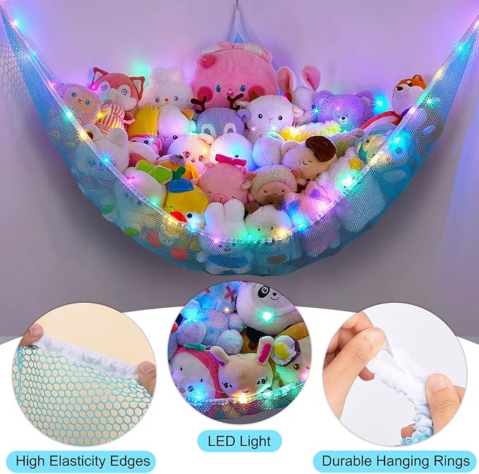 Unicorn Castle Stuffed Animals Net or Hammock Kids Toy Storage Organizer with LED Light Hanging Corner Stuffed Animals Holder Kids Girls Room Decor,Blue,XL-Large-Pack of 1