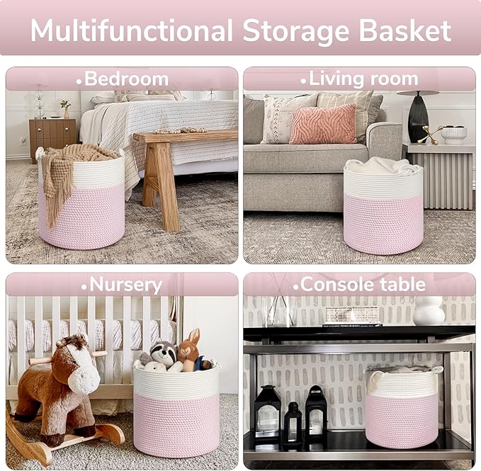 Goodpick Baby Storage Basket, Pink Laundry Basket 15 x 14.2 Inches, Toy Basket for Clothes, Nursery Basket for Toys, Soft Woven Basket for Storage, Pink