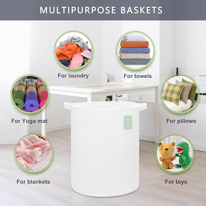 Large Laundry Hamper for Girls Boys Kids 72L, Nursery Hamper, Tall Laundry Basket, Cotton Rope Woven Blanket Basket for Storage Toys Clothes Towels, 16”x 22”, White