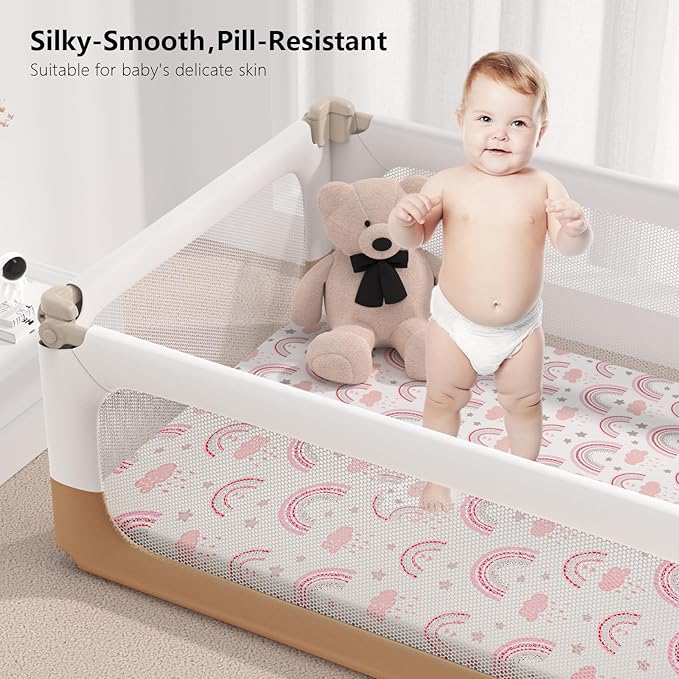 Pack N Play Sheets Fitted, 2-Pack Fit for Standard Pack N Play Mattress, Mini Crib Sheets,Breathable Soft Unisex Playard Sheets (Pink Rainbow & Pink)