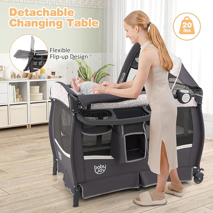 BABY JOY 4 in 1 Pack and Play, Portable Baby Playard with Bassinet & Flip-away Changing Table, Canopy, Infant Bassinet Activity Center with Storage Basket, Oxford Bag from Newborn to Toddlers (Floral)