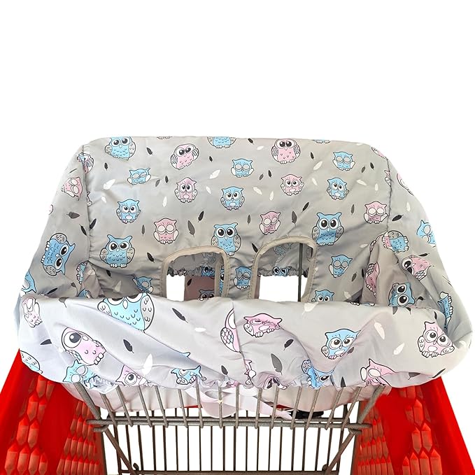 Portable Shopping Cart Cover, High Chair and Grocery Cart Covers for Babies, Kids, Infants & Toddlers, Attached Carry Bag (Simple Gray Owl)