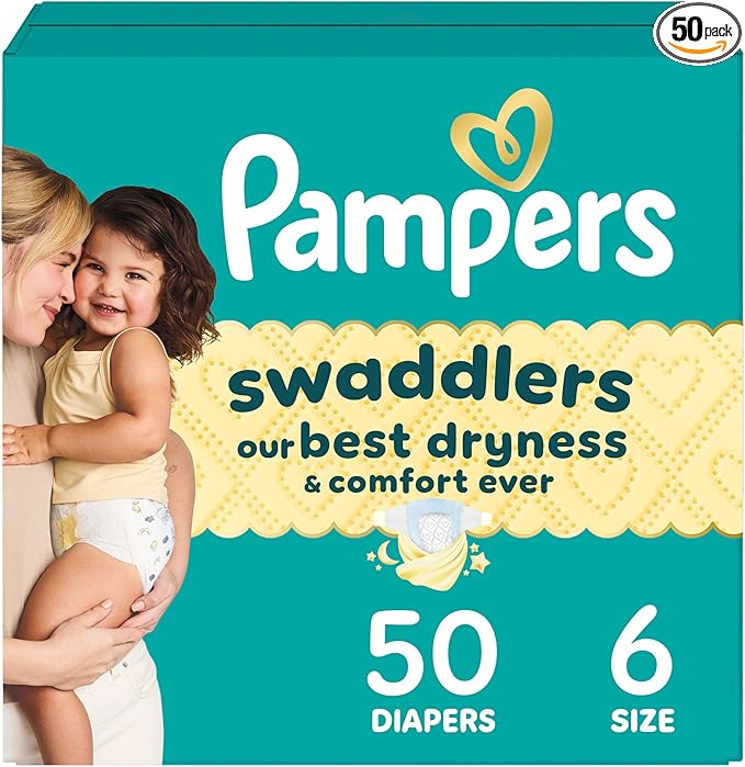 Pampers Swaddlers Diapers, Size 6 (23-44 lbs), 50 Count, Absorbent, Keeps Baby Dry and Comfortable, Skin Safe Disposable Baby Diaper (Packaging May Vary)