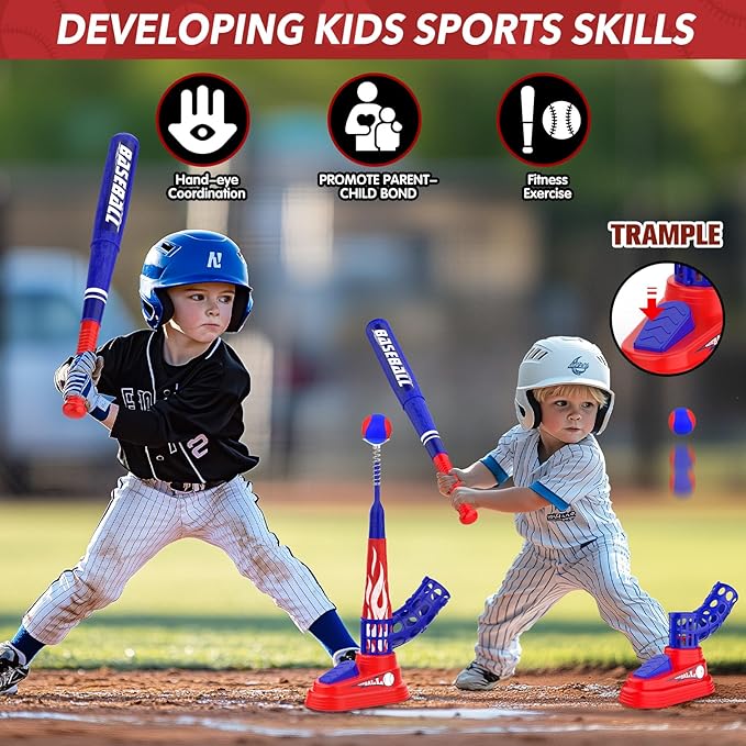 3-in-1 Kids T-Ball Set for Toddlers 3-5 with Fixed Tee Ball Stand, Baseball Launcher, Toss and Catch Ball Game - Outdoor Sports Toy Gift for Boys and Girls