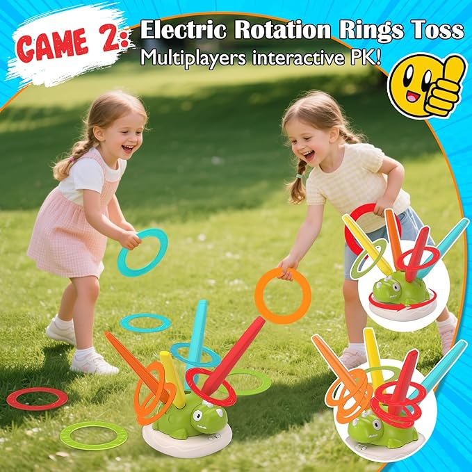 Indoor Outdoor Games for Kids, 3 in 1 Musical Jump, Ring Toss Game & Stomping Rocket Launcher for Kids, Dinosaur Sports & Outside Play Activities Toys with Remote Control for Toddlers 3-5 4-8