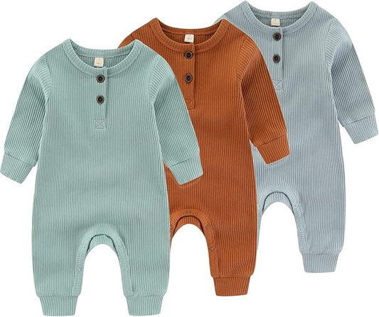 Newborn Baby Boys Girls One Piece Romper With Mitten Cuffs 3 Pack Long Sleeve Ribbed Button Jumpsuit Outfit Clothes