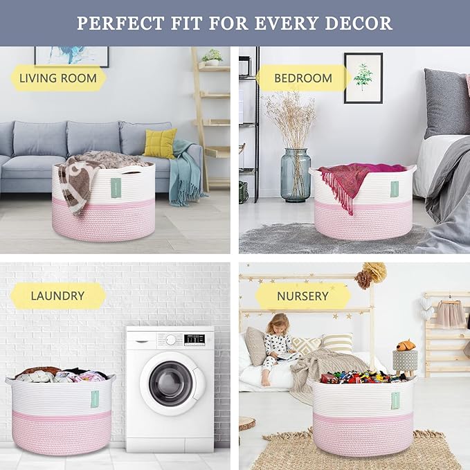 Extra Large Cotton Rope Basket For Girls Kids 87L, Nursery Hamper, Large Laundry Basket , Nursery Bin, Laundry Hamper Organizer for Storage Toys Blankets Clothes, 22”x 14”, Blend White & Pink