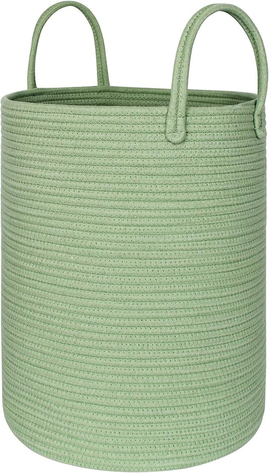 Large Green Laundry Basket, 15"x18" Tall Woven Cotton Rope Bin for Blankets Clothes, Baby Nursery Laundry Hamper, Kids Toy Storage Bin, Green Living Room Bedroom Decor Baskets for Organizing