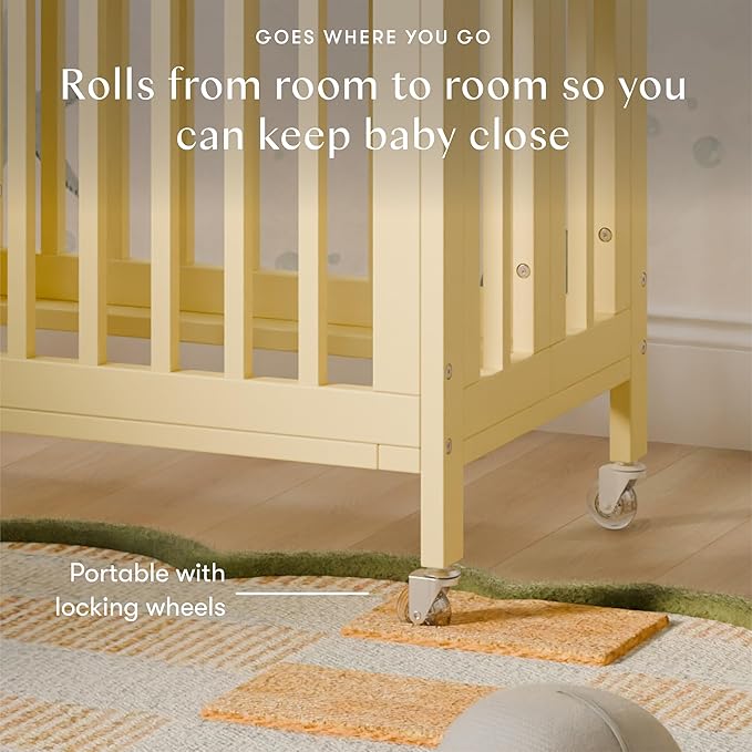 Babyletto Rolli 9-in-1 Convertible Baby Crib with Wheels - Includes Conversion Kits for Bassinet, Standard Crib, Toddler Bed, Daybed & Junior Bed - GREENGUARD Gold - 3 Adjustable Heights - Pale Yellow