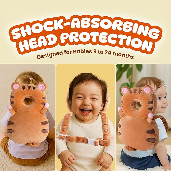Baby Head Protector Backpack (9 to 24 Months) - Cute Head Guard Pillow with Knee Pads and Socks, Crawling and Walking Safety Set, Toddler Head Cushion Backpack, Brown Tiger