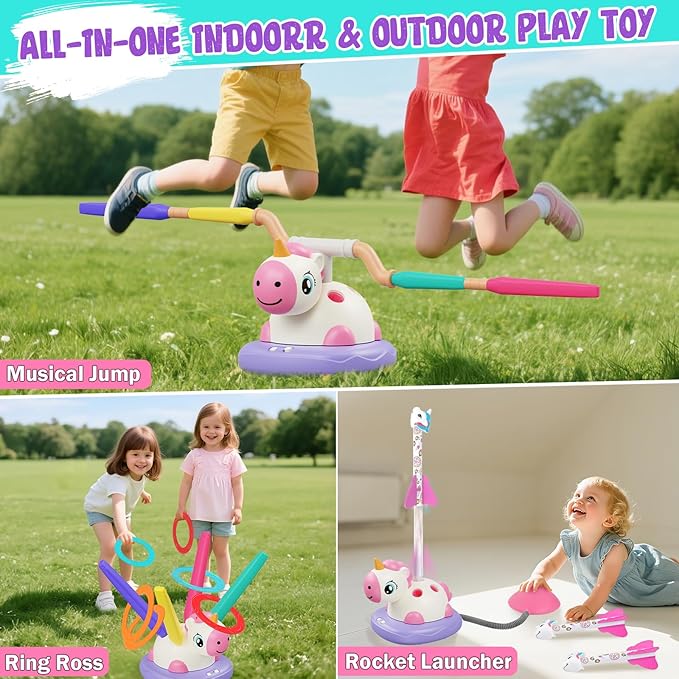 Outdoor Toys for Kids, 3 in 1 Rocket Launcher, Musical Jumping & Ring Toss Games with Remote Control, Unicorn Toys for Girls, Outdoor Play Games for Toddlers 3-5 4-8 Birthday Gift Party (Multicolored)