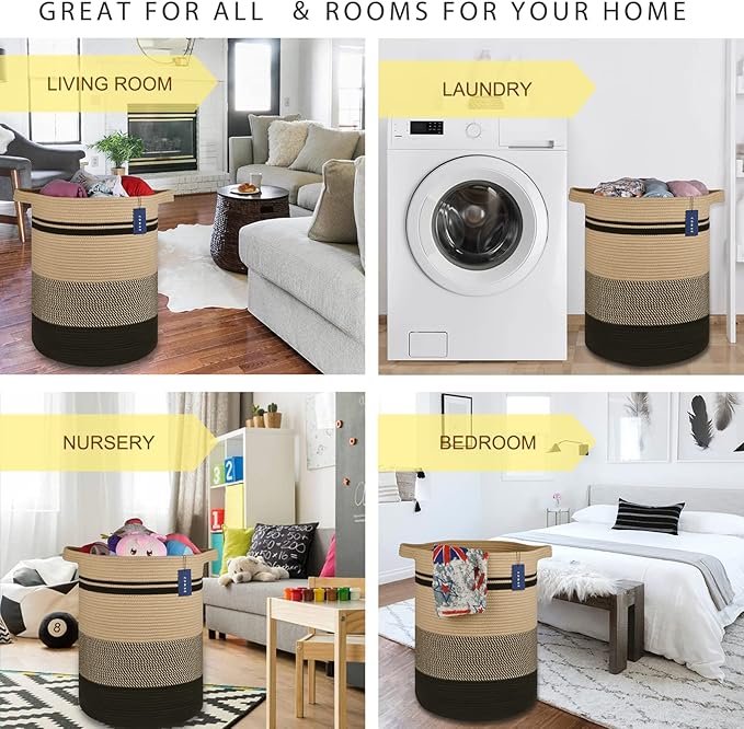 COMSE Extra Large Blanket Basket, Tall Laundry Basket, Nursery Hamper, 15.7”x 21.7”, Cotton Rope Woven Laundry Hamper for Storage Toys Clothes Towels, Brown/Black