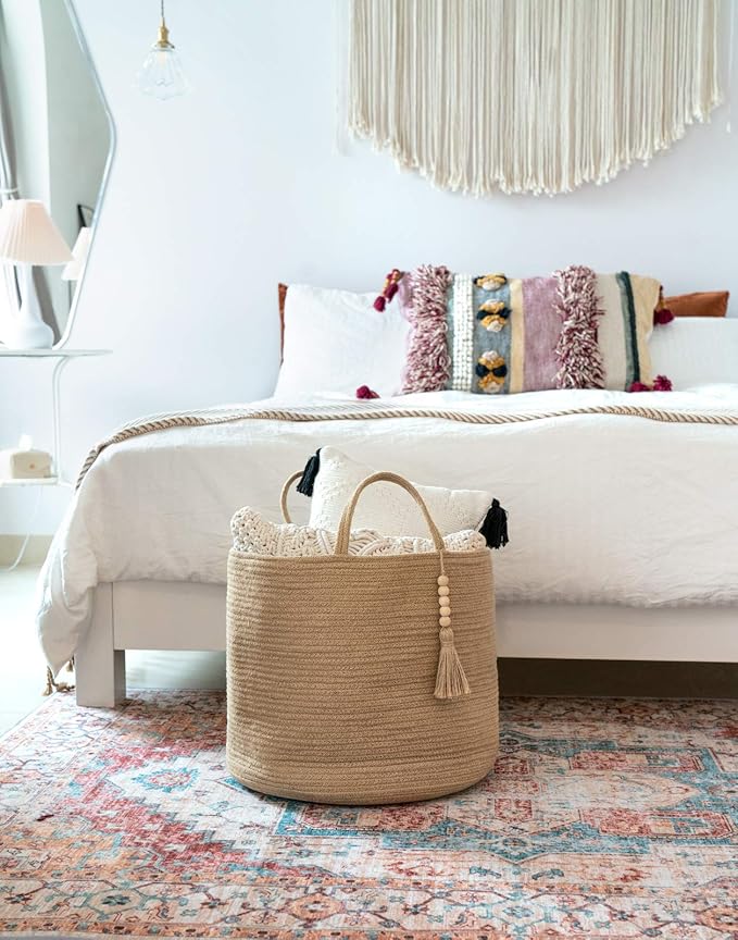 Mkono Woven Storage Basket Decorative Natural Rope Basket Wooden Bead Decoration for Blankets,Toys,Clothes,Shoes,Plant Organizer Bin with Handles Living Room Home Decor, Jute, 16" W × 13.8"L