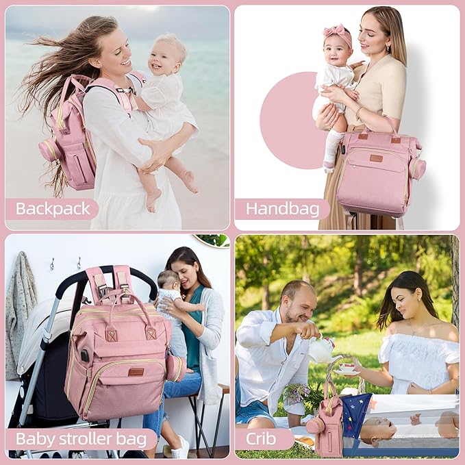 Baby Diaper Bag Backpack,Baby Shower Gifts, Multifunctional Travel Diaper Bag, Gifts for Mom with Portable Diaper Pad,Pink