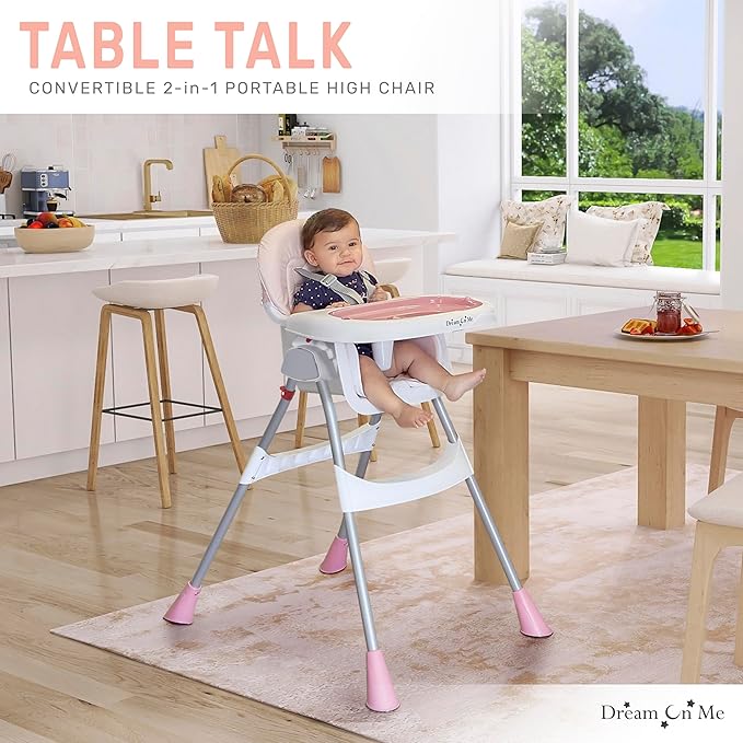 Dream On Me Portable 2-in-1 Tabletalk High Chair in Pink, Three Adjustable Height Settings, Lightweight Portable High Chair, Easy To Clean and Removable Tray