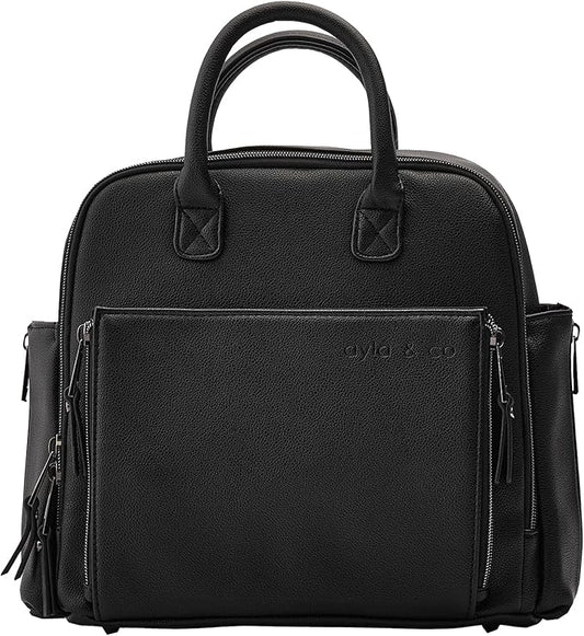 Ayla & Co Mini Bag, Transitional Minimal Diaper Bag, Vegan Leather, with Expandable Pockets, Built-In Wallet, Organizer