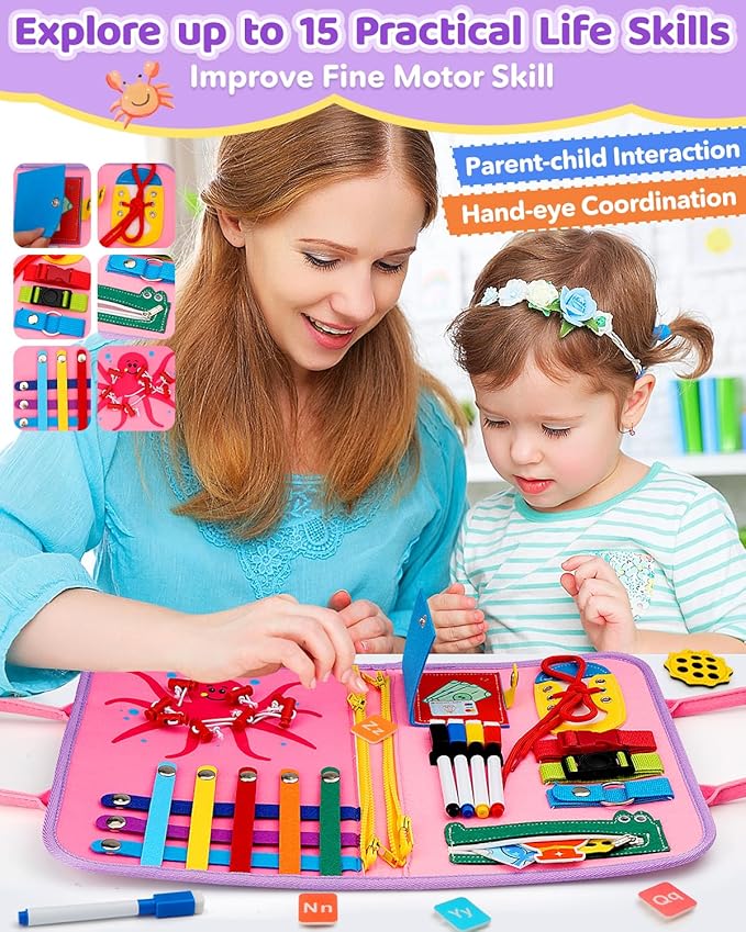 Toddler Busy Board, Montessori Toys for 1 2 3 Year Old Girl Birthday Gifts - Educational Busy Book, Kids Sensory Toy, Preschool Learning Activities and Travel Toys for Toddlers 1-3 2-4