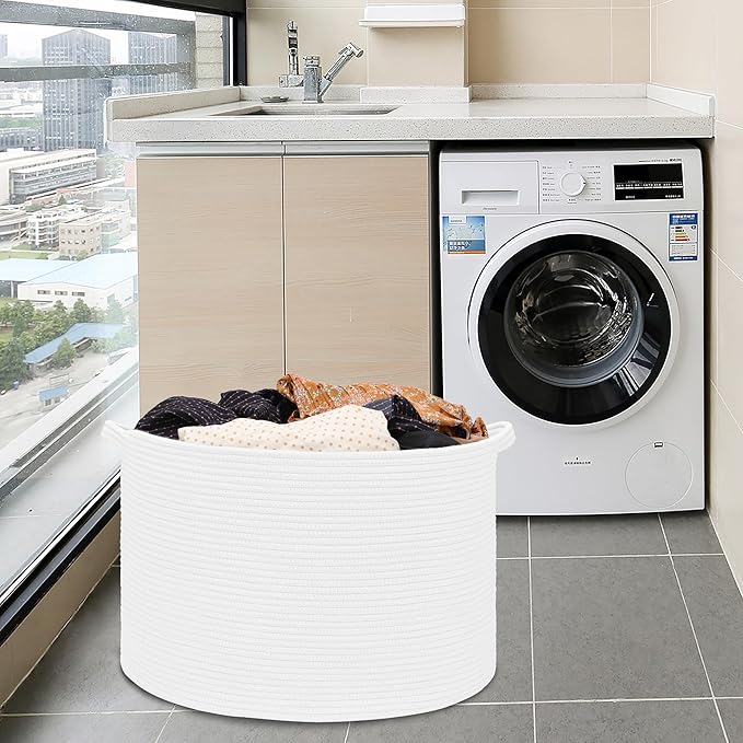 Extra Large Blanket Basket 87L, Laundry Hamper, Baby Nursery Hamper for Storage Toys Clothes Towels, Large Cotton Rope Laundry Basket for Girls Boys, 22”x 14”, White