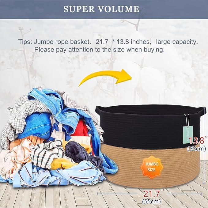 Extra Large Blanket Basket 87L, Laundry Hamper, Baby Nursery Hamper for Storage Toys Clothes Towels, Large Cotton Rope Laundry Basket for Girls Boys, 22”x 14”, Black & Jute